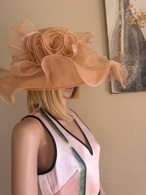 Elegant Peach Organza Wide-Brim Hat